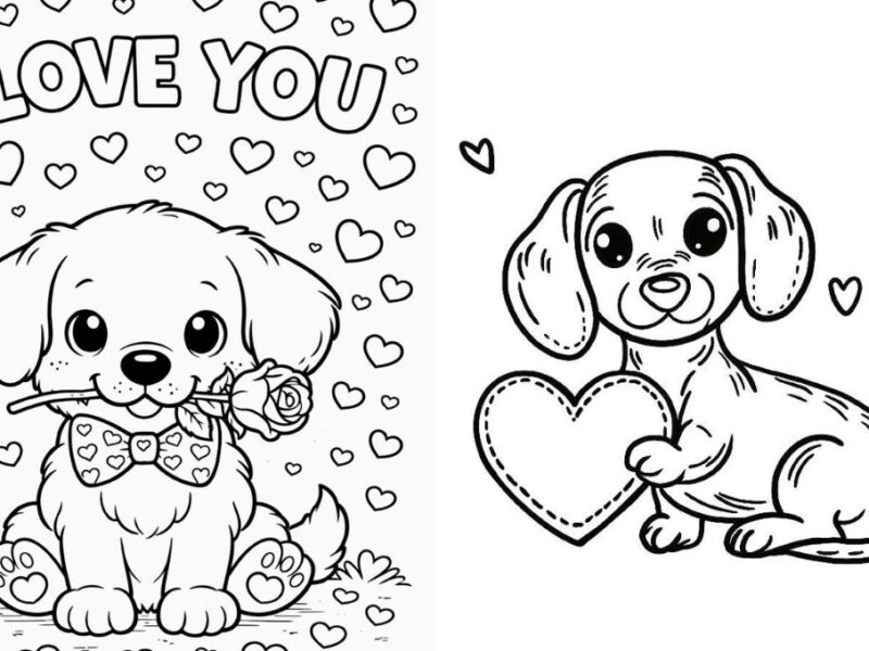 Dibujos de perros para San Valentín para imprimir y colorear