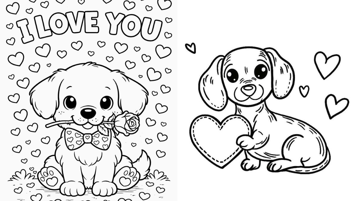 Dibujos de perros para San Valentín para imprimir y colorear